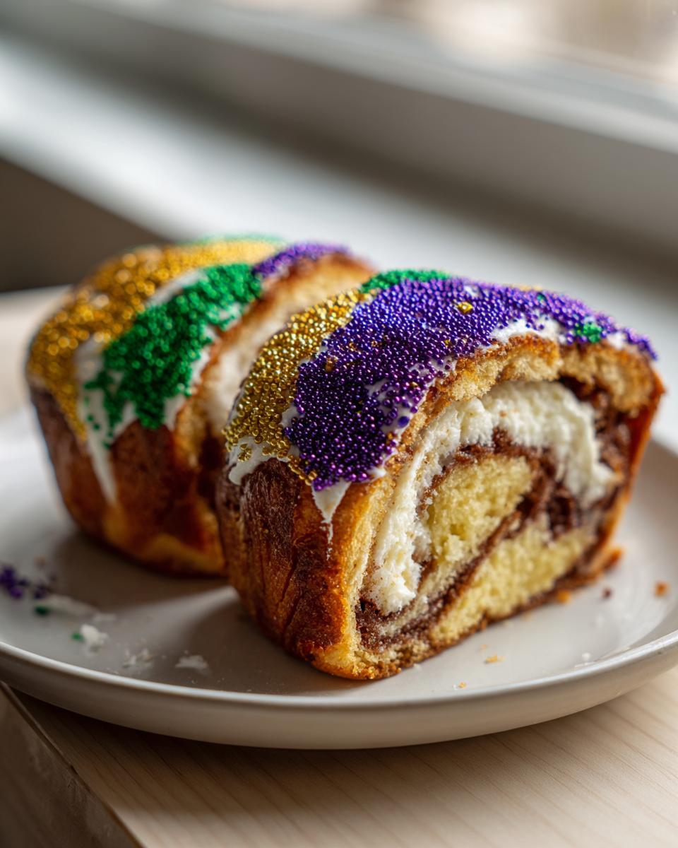 Two slices of a rich, filled king cake topped with purple, green, and gold Mardi Gras sprinkles.