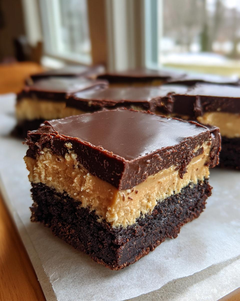 A close-up of one square of rich, three-layer buckeye brownies showing the dark chocolate base, peanut butter filling, and chocolate topping.