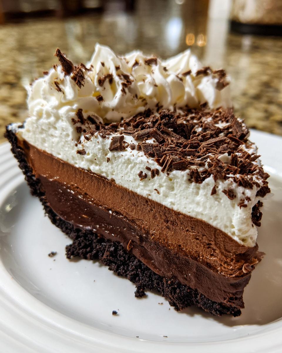 A decadent slice of multi-layered chocolate mud pie topped with whipped cream and chocolate shavings.