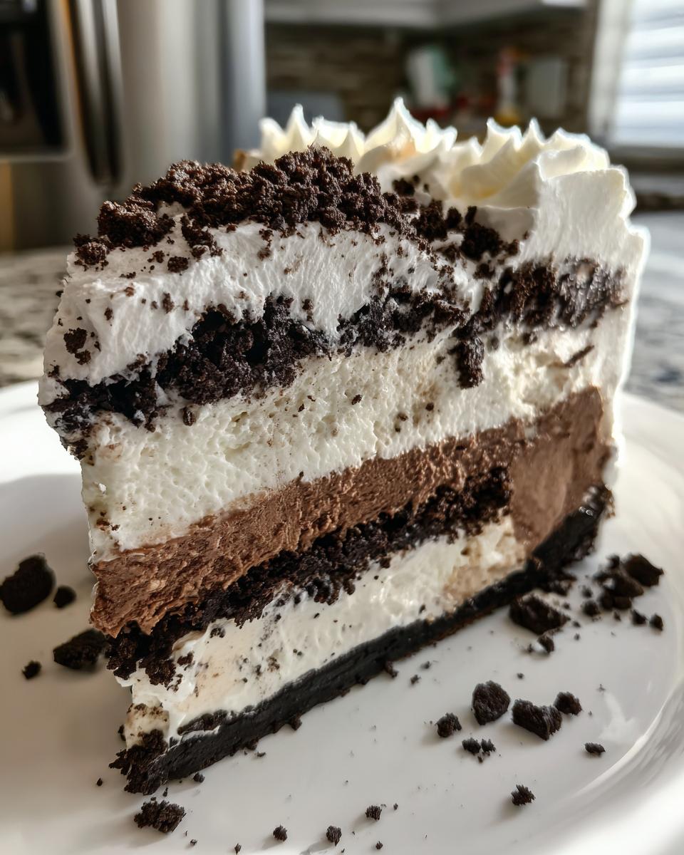 A tall slice of layered ice cream cake featuring chocolate crust, vanilla, chocolate mousse, and whipped topping with cookie crumbs.