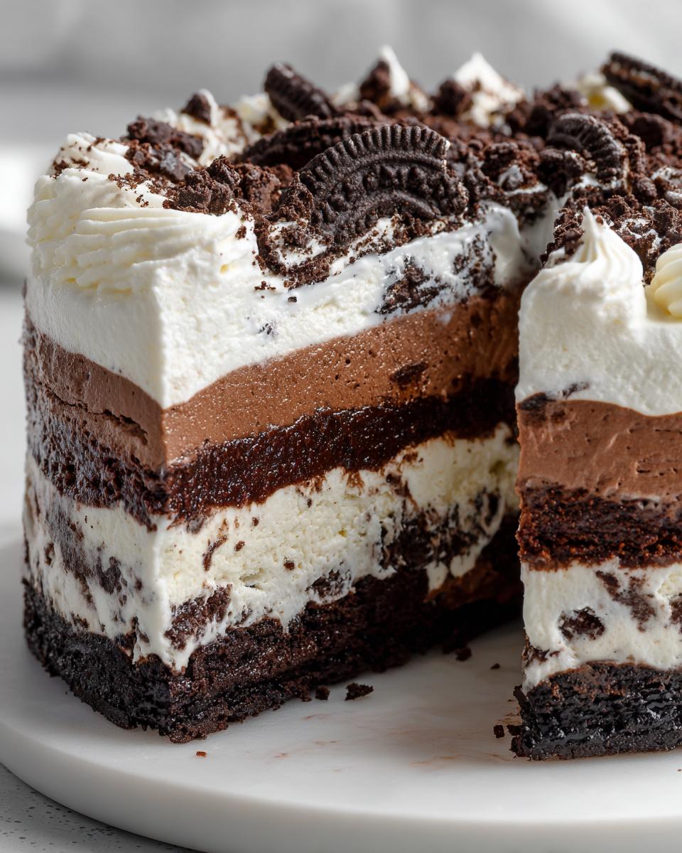 Close-up of a multi-layered chocolate and vanilla ice cream cake slice topped with whipped cream and Oreo pieces.
