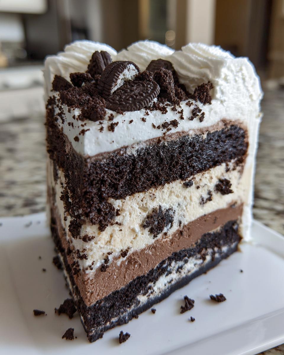 A tall, decadent slice of layered ice cream cake featuring chocolate cake, vanilla and chocolate ice cream layers, and Oreo pieces.