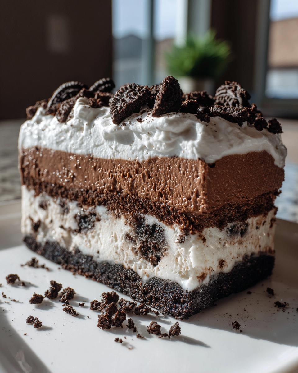 A decadent slice of multi-layered ice cream cake featuring an Oreo crust, vanilla ice cream layer, chocolate mousse, and whipped topping, perfect for an ice cream cake recipe.