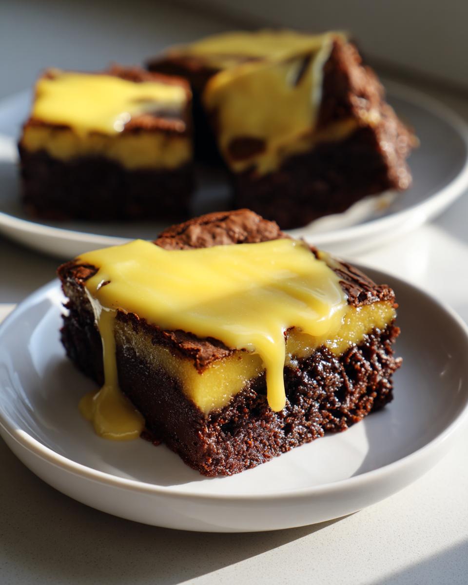 A rich, fudgy square of Lemon Brownies topped with a thick, bright yellow lemon curd or glaze dripping down the side.