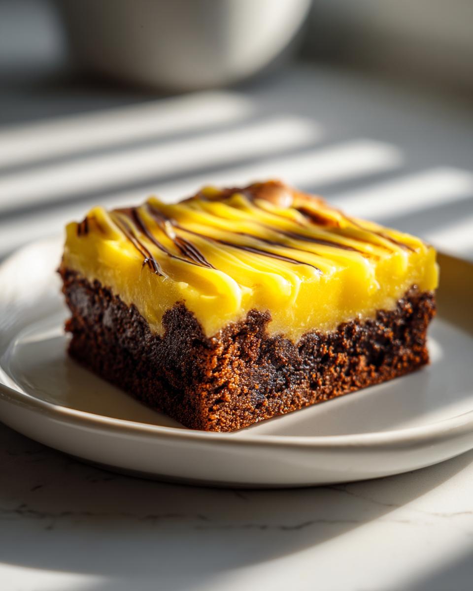 A single square of rich chocolate Lemon Brownies topped with bright yellow lemon frosting and chocolate drizzle.