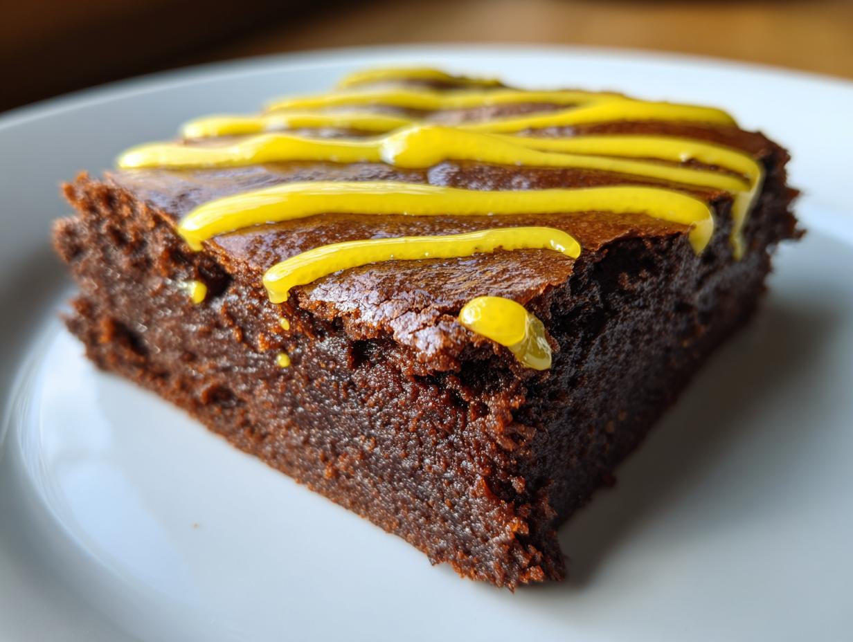 Close-up of a rich, dark square of Lemon Brownies topped with bright yellow lemon icing drizzle.