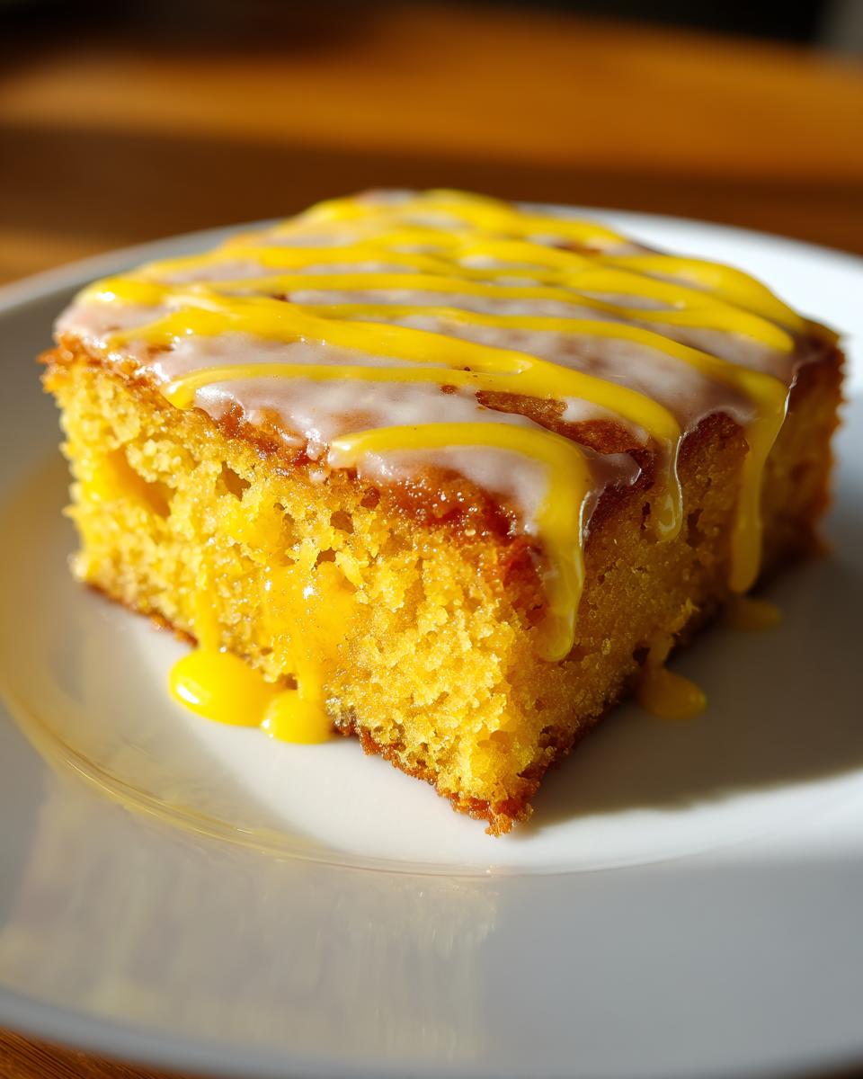 A close-up of a single, moist square of bright yellow Lemon Brownies topped with white and yellow icing drizzle.