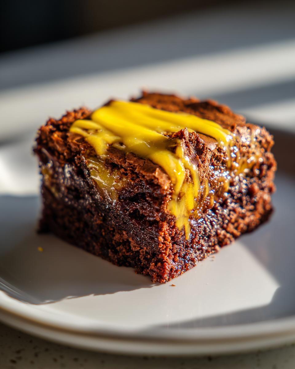 A rich, fudgy square of a Lemon Brownie topped with a bright yellow lemon glaze drizzle.