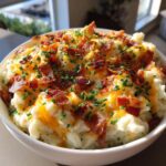 A close-up of a white bowl filled with creamy loaded mashed potatoes topped with melted cheddar cheese, crispy bacon bits, and fresh chives.