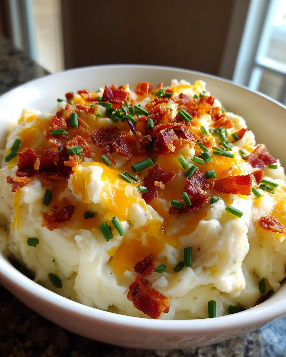 Close-up of creamy loaded mashed potatoes topped with melted cheddar cheese, crispy bacon bits, and fresh chives.