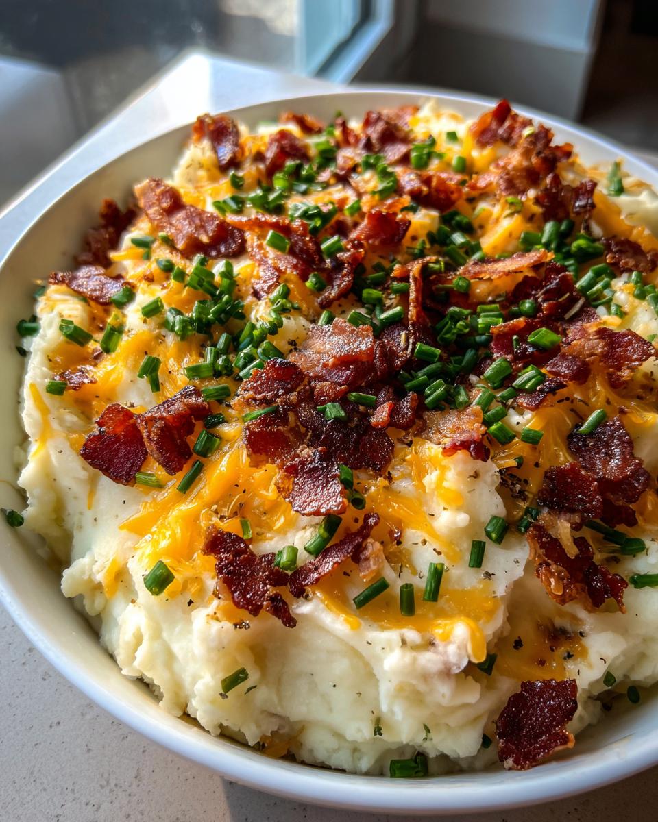 A close-up of a white bowl filled with creamy loaded mashed potatoes topped with melted cheddar, crispy bacon bits, and fresh chives.