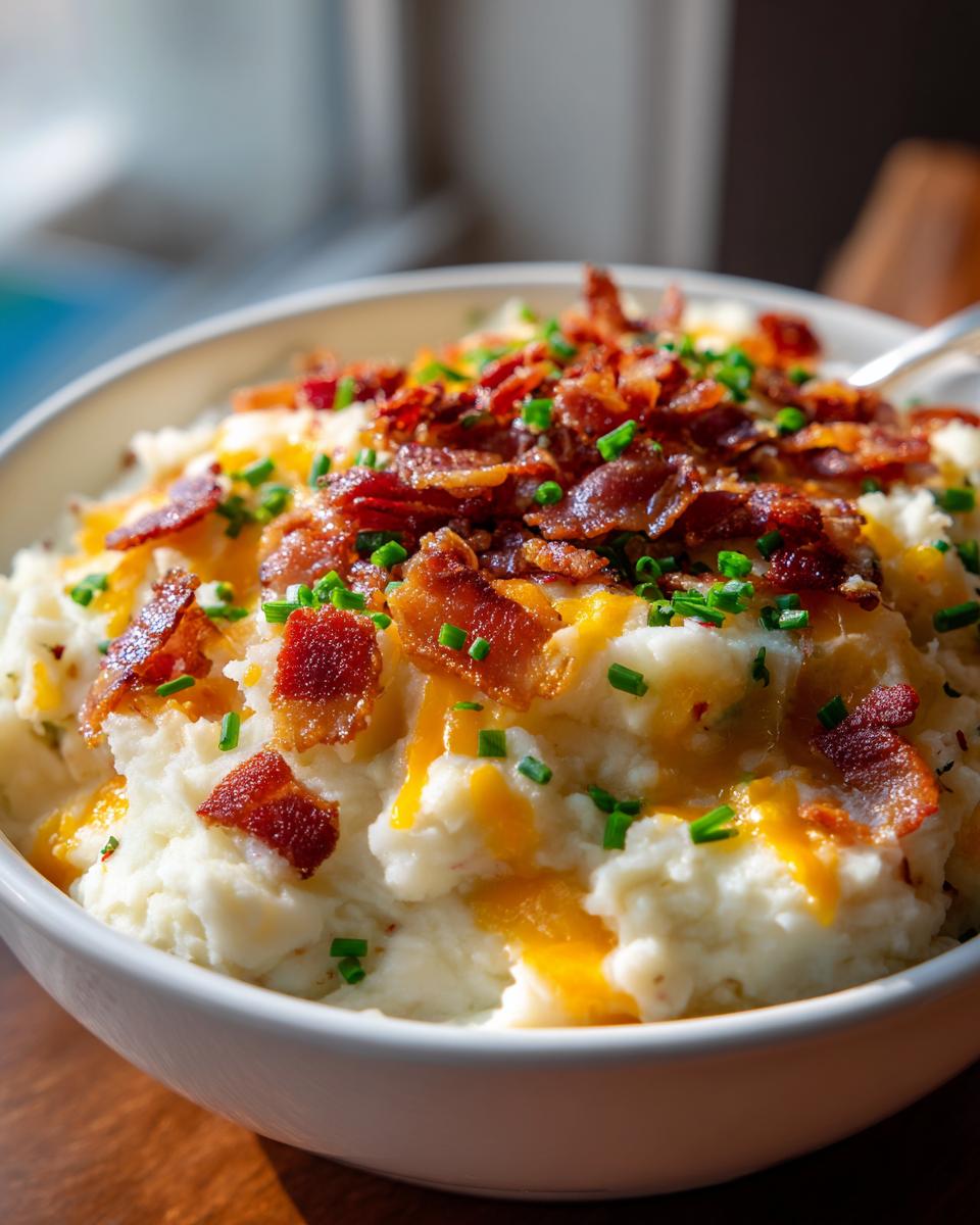 A close-up of a white bowl filled with creamy loaded mashed potatoes topped with melted cheddar cheese, crispy bacon bits, and fresh chives.