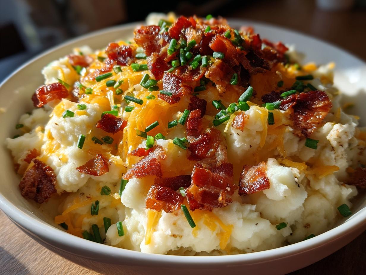 A close-up bowl of creamy loaded mashed potatoes topped generously with crispy bacon bits, shredded cheddar cheese, and fresh chives.