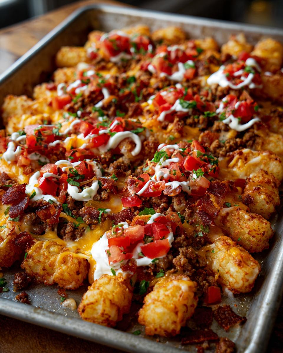 Close-up of fully loaded tater tot nachos baked on a sheet pan, topped with ground meat, cheese, tomatoes, and sour cream.