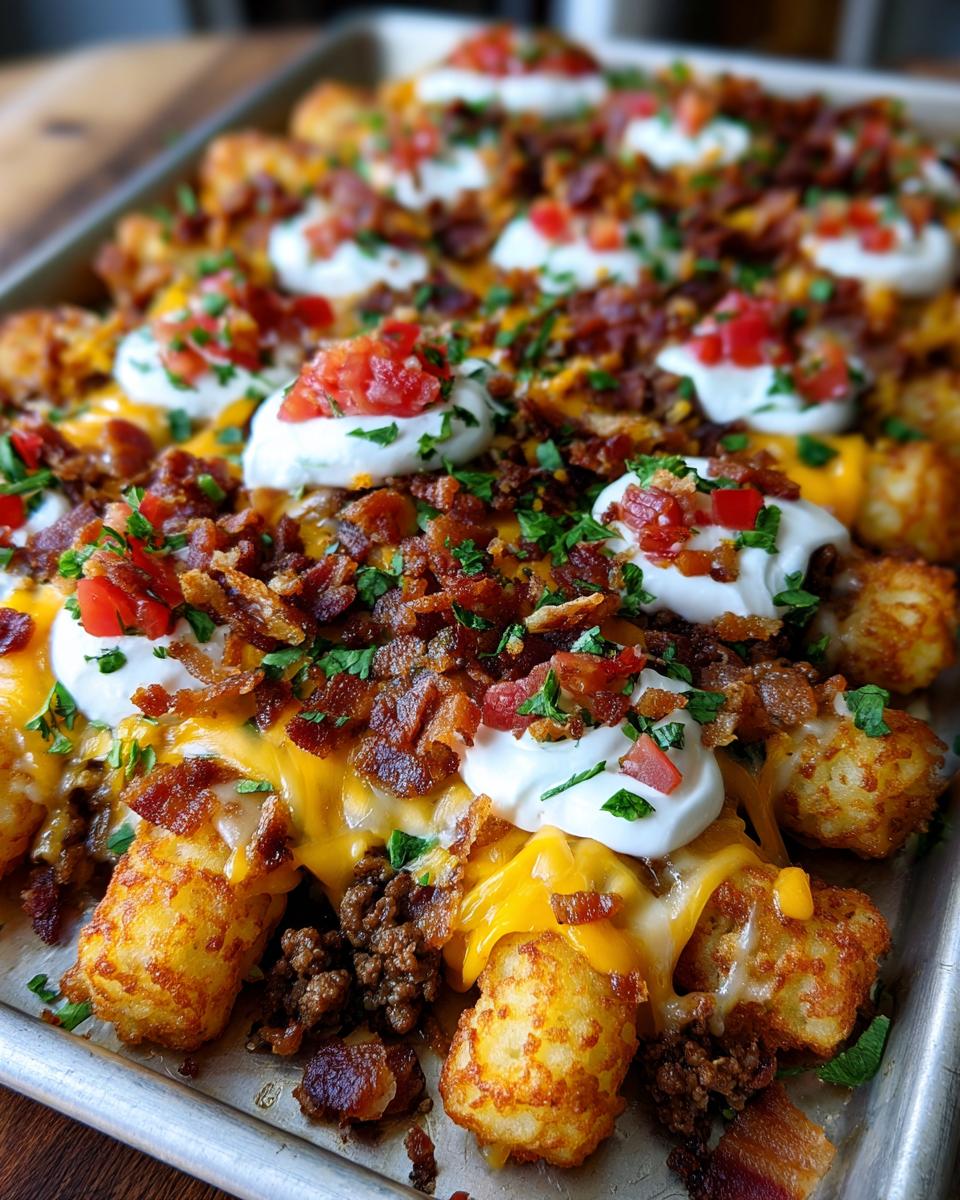 Close-up of fully loaded tater tot nachos covered in melted cheese, ground beef, bacon, sour cream, and tomatoes.