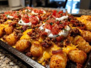Close-up of a baking sheet loaded with cheesy tater tot nachos topped with ground meat, bacon, sour cream, and diced tomatoes.