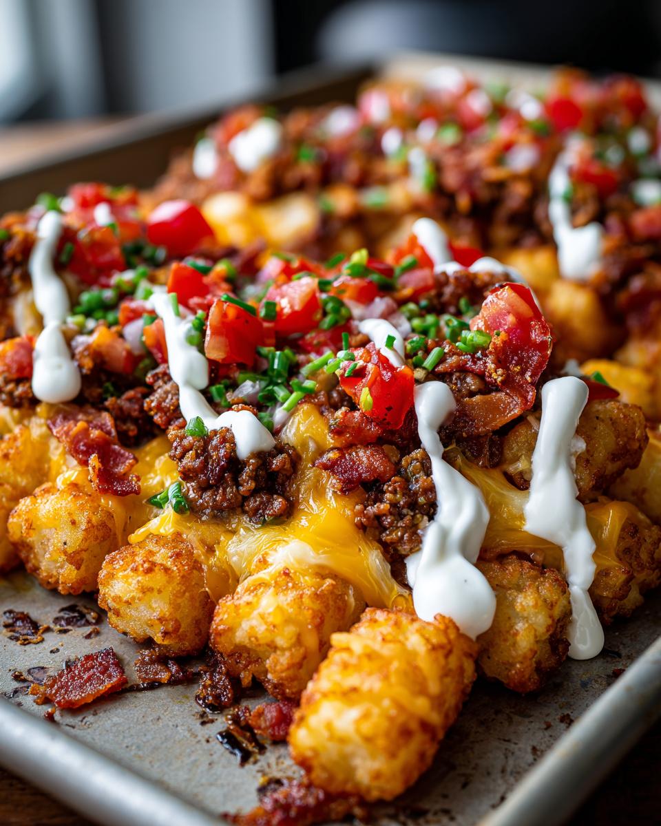 Close-up shot of fully loaded tater tot nachos topped with melted cheese, ground meat, bacon, tomatoes, and sour cream drizzle.
