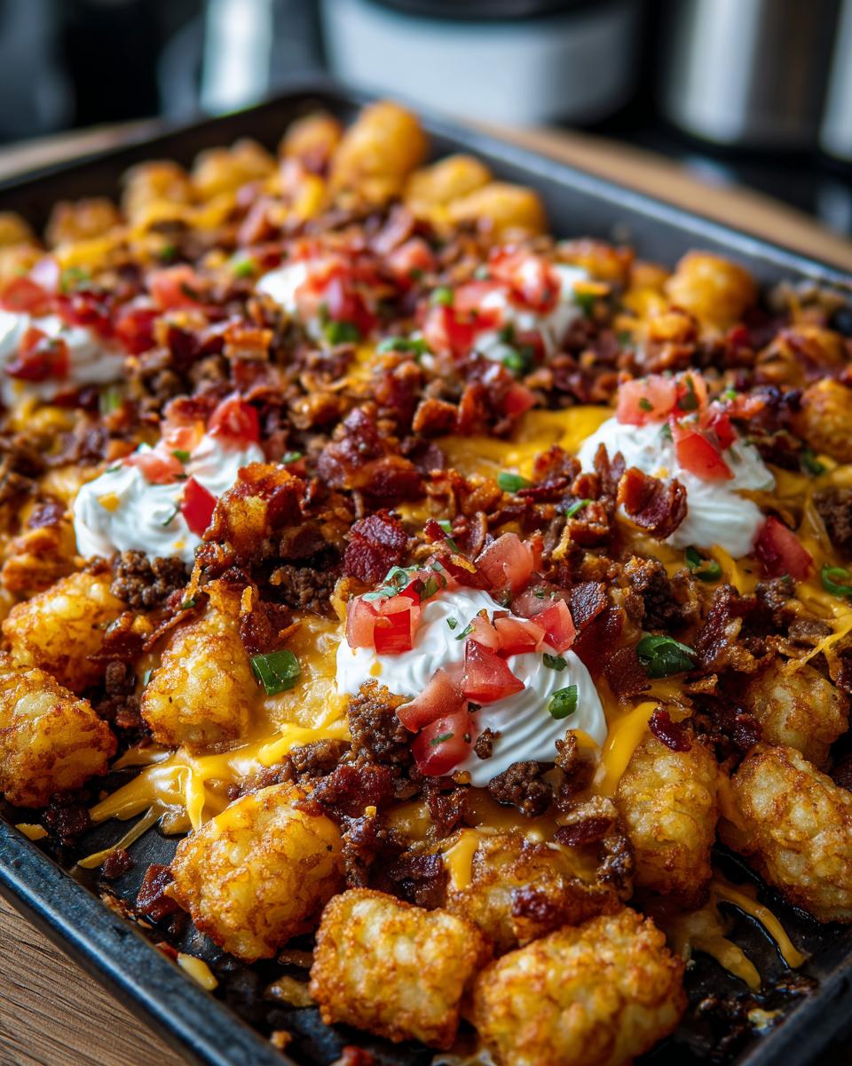 Close-up of fully loaded tater tot nachos covered in cheese, ground meat, bacon, sour cream, and diced tomatoes.