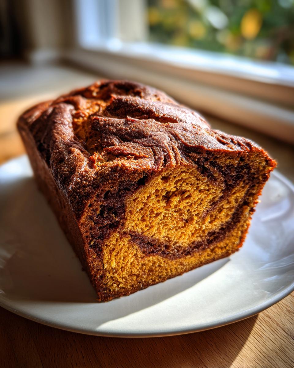 A freshly baked loaf of marbled pumpkin sourdough bread with a dark crust, resting on a white plate near a window.