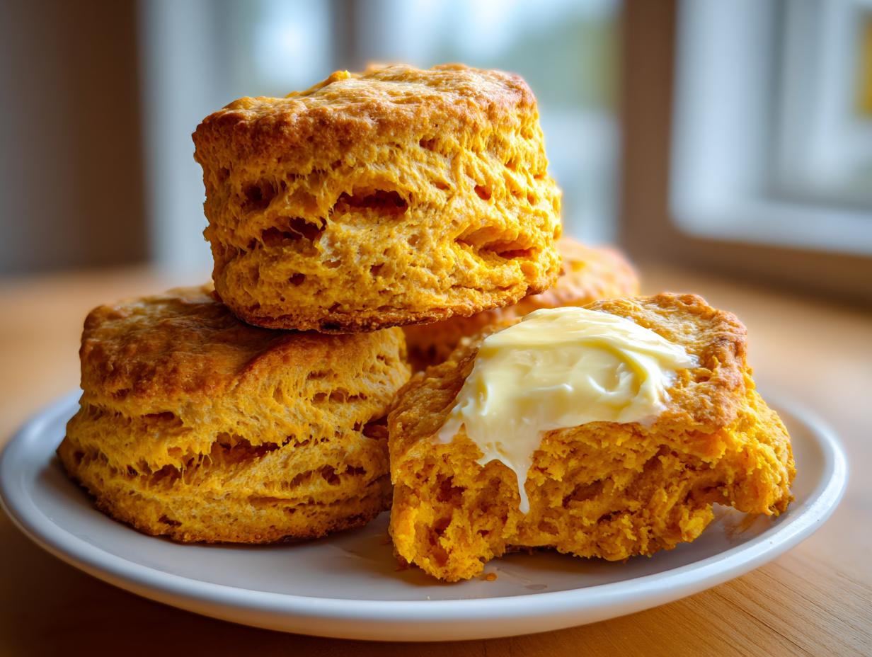 A stack of golden brown sweet potato biscuits, one split open and topped with melting butter.