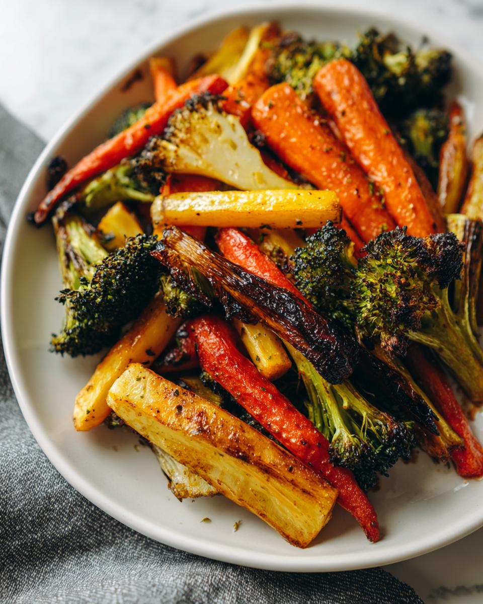 Close-up of colorful roasted vegetables, including carrots, broccoli, and parsnips, showing caramelized edges.