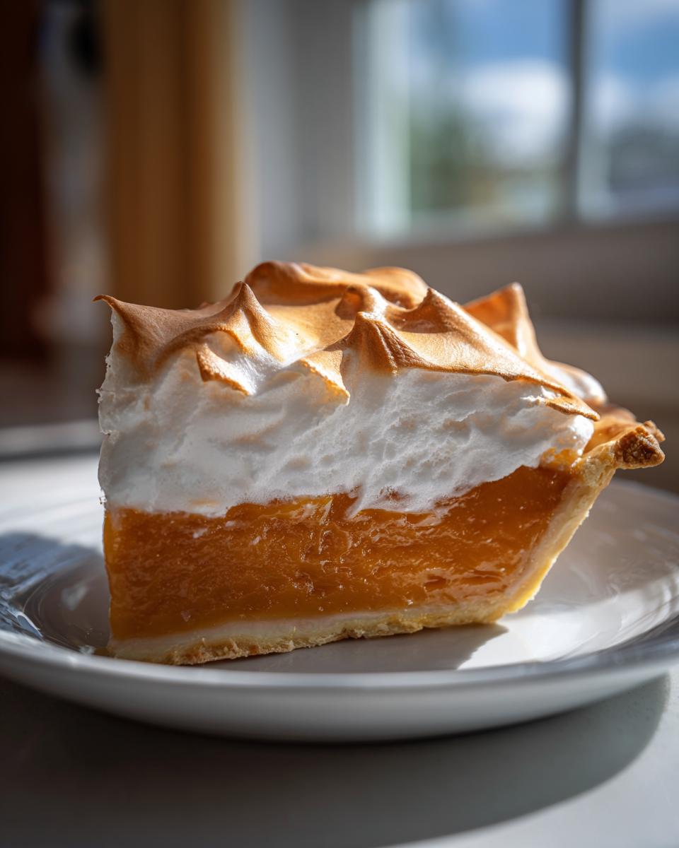 A perfect slice of butterscotch pie with a thick, glossy orange filling and toasted meringue topping on a white plate.