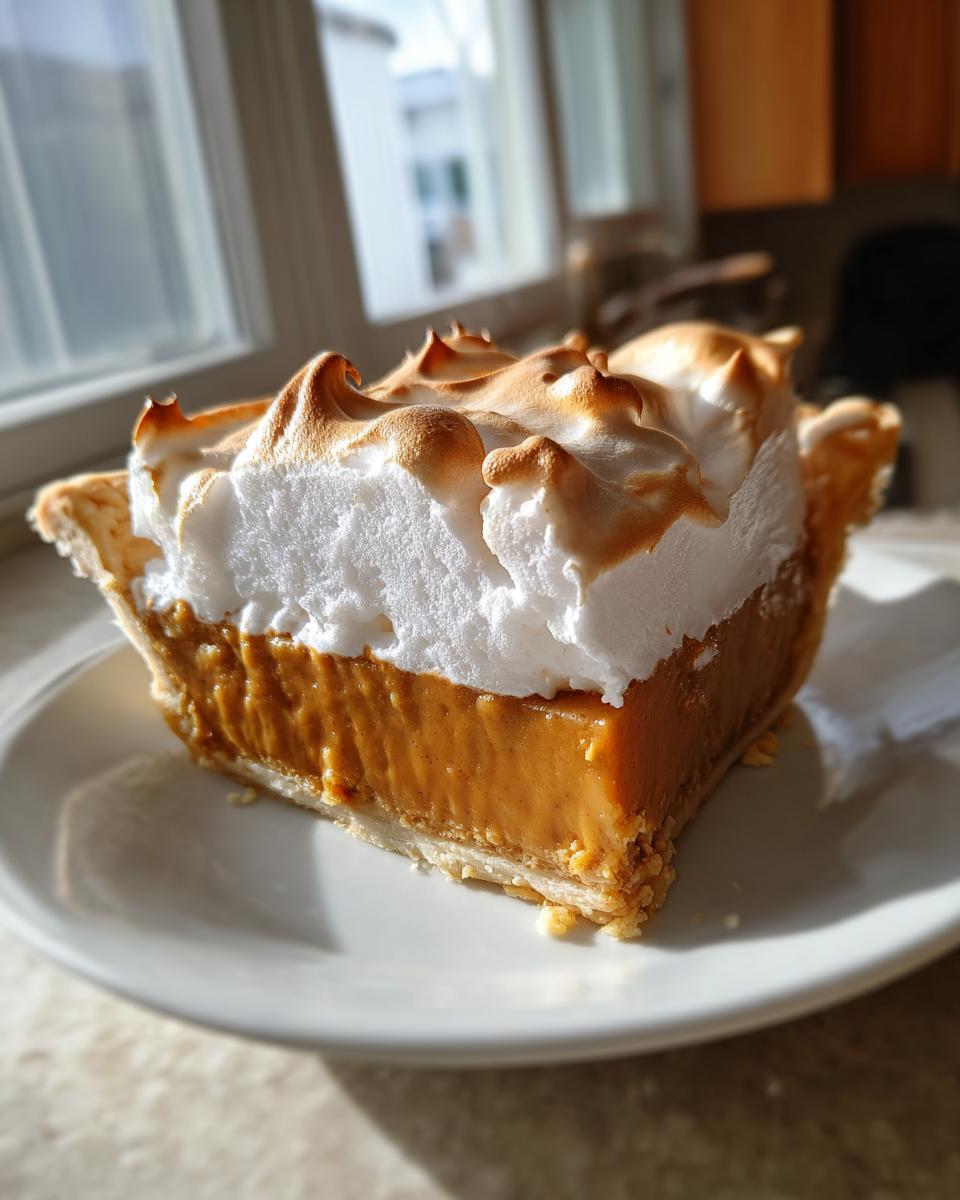 A close-up slice of rich butterscotch pie topped with perfectly toasted meringue, sitting on a white plate.