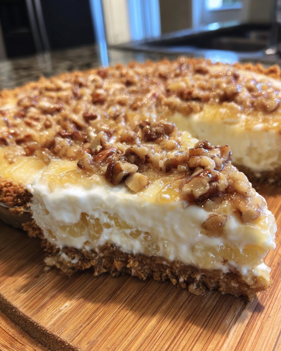A close-up of a slice of rich Million Dollar Pie showing the graham cracker crust, creamy filling, and pecan topping.