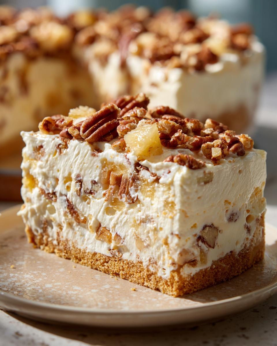 A thick slice of creamy, no-bake Million Dollar Pie topped generously with pecans and pineapple chunks.