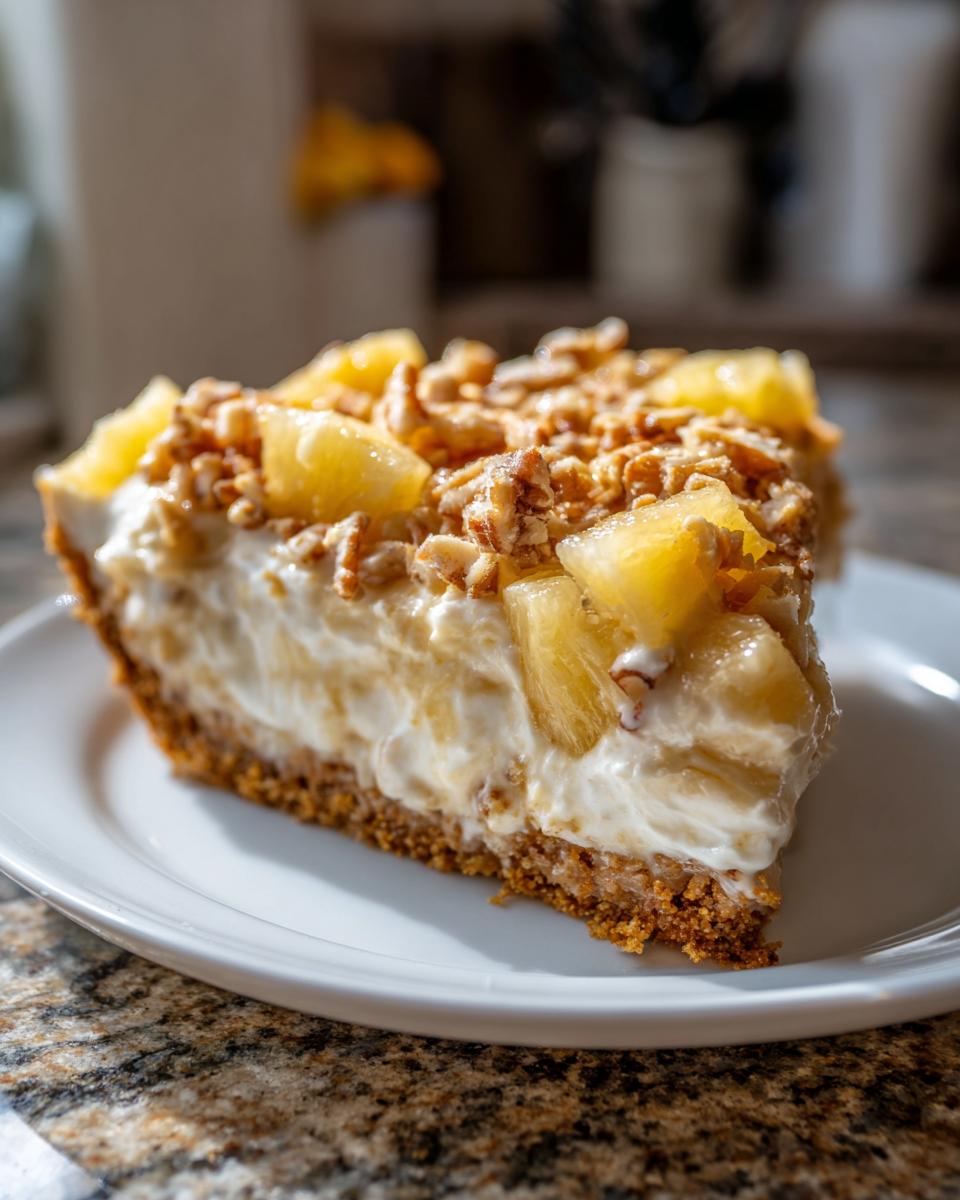 A generous slice of creamy Million Dollar Pie featuring a graham cracker crust, topped with pineapple chunks and toasted pecans.
