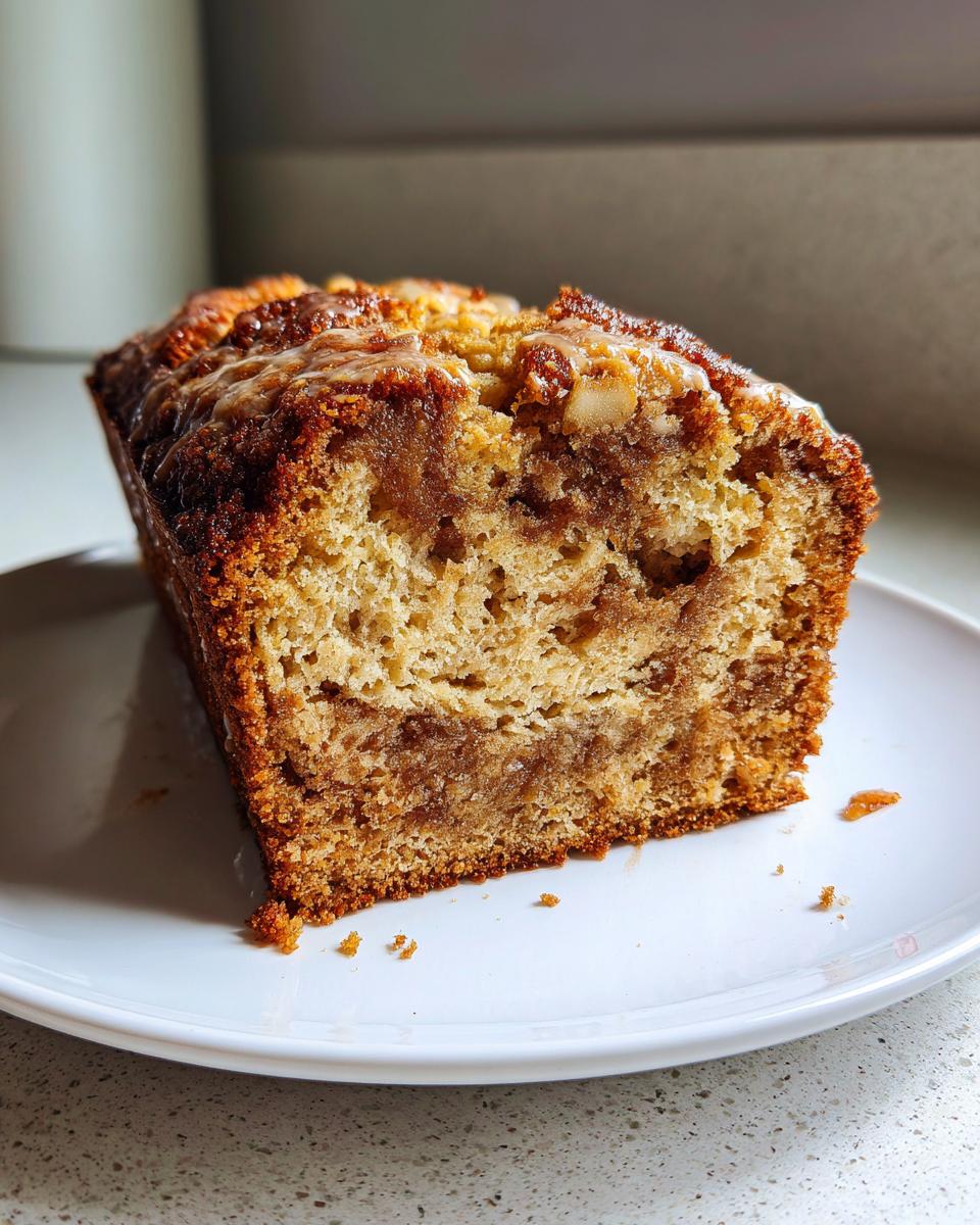 A close-up of a moist slice of apple bread featuring a rich cinnamon swirl and light glaze.