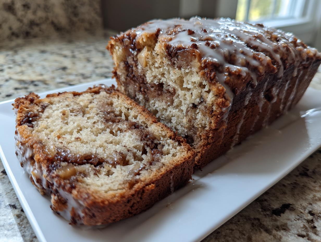 A loaf of moist apple bread, partially sliced, showing a cinnamon swirl and topped with a sweet white glaze.