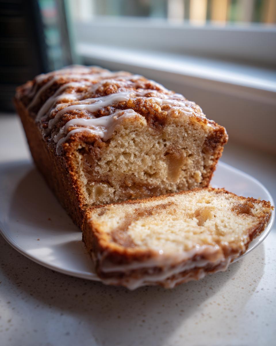 A moist apple bread loaf, partially sliced, showing a cinnamon swirl interior and drizzled with white icing.