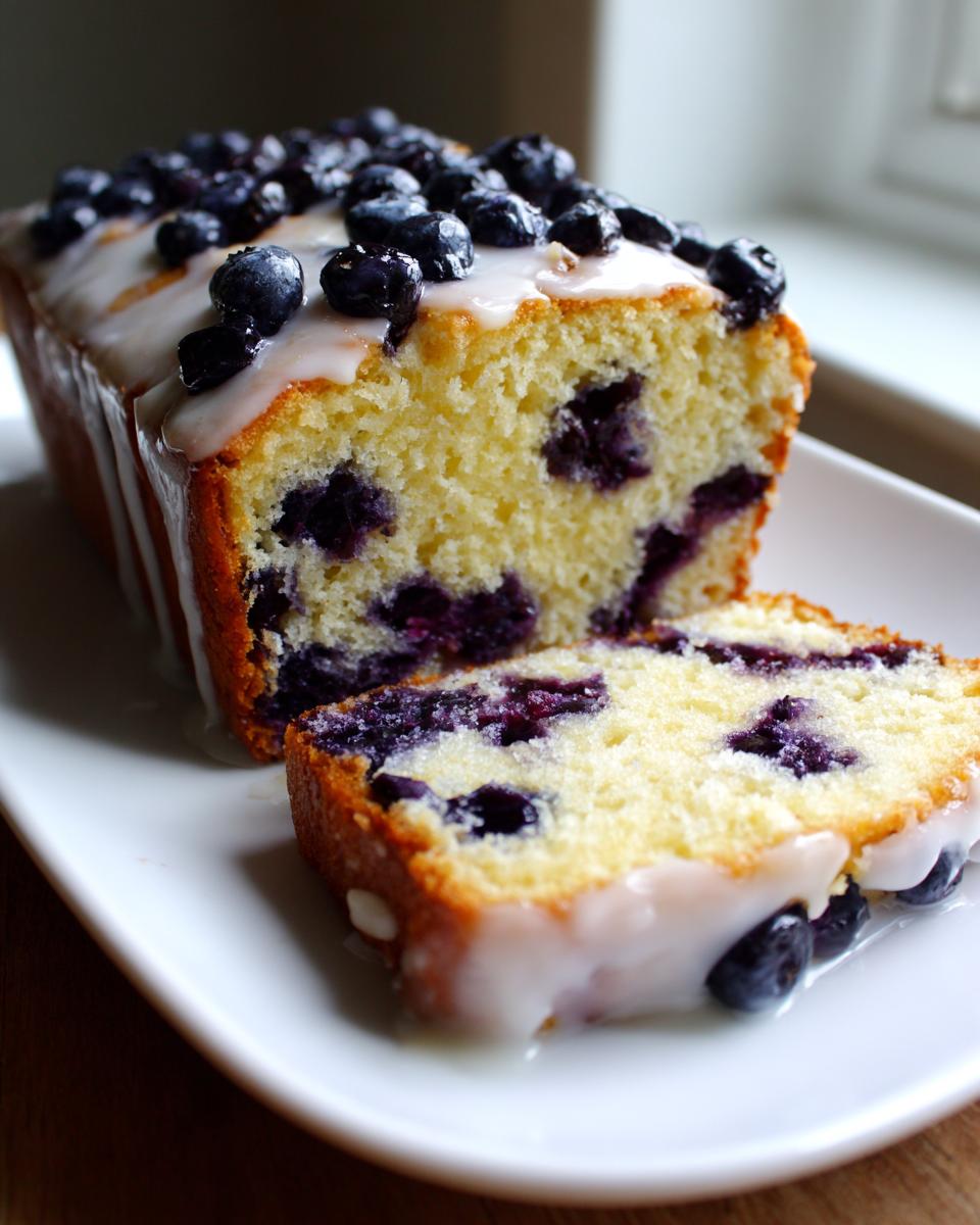 A slice cut from a loaf of moist blueberry bread topped with a white glaze and fresh blueberries.