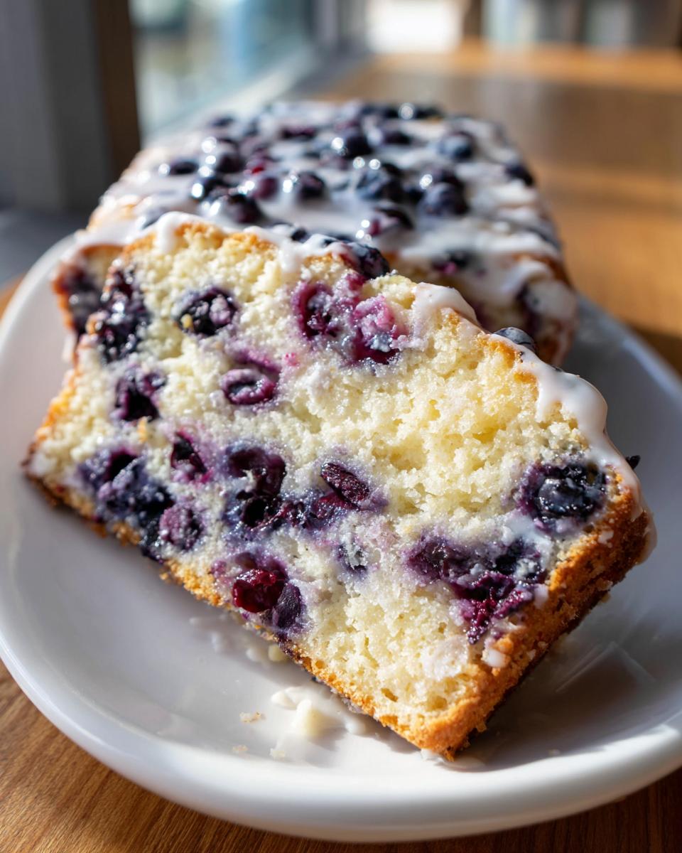 Close-up of a moist slice of blueberry bread, packed with blueberries and topped with a white glaze.