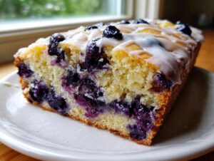 Close-up of a moist slice of homemade blueberry bread, loaded with berries and topped with white glaze.