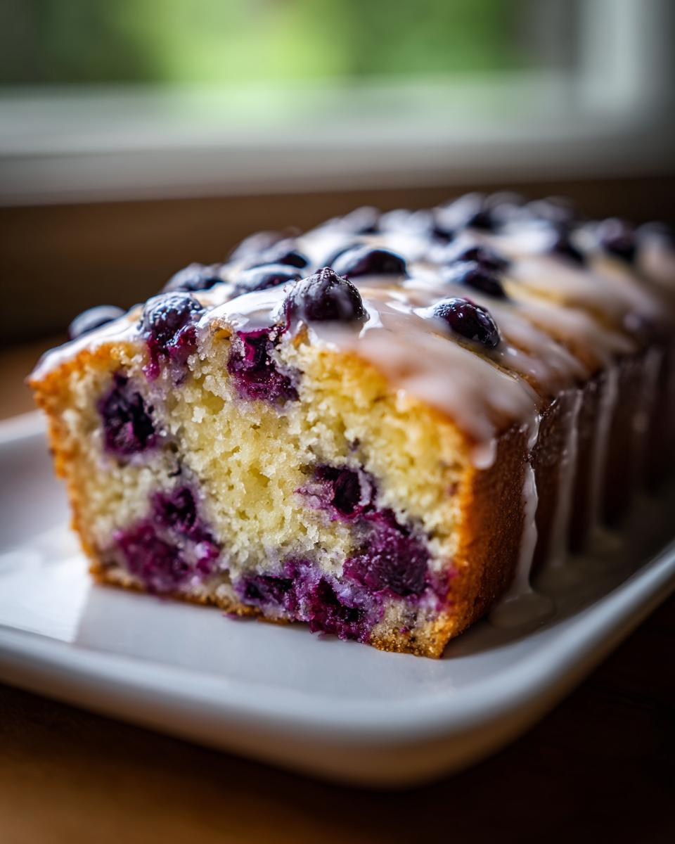 Close-up of a moist slice of blueberry bread, topped with fresh blueberries and a white sugar glaze.