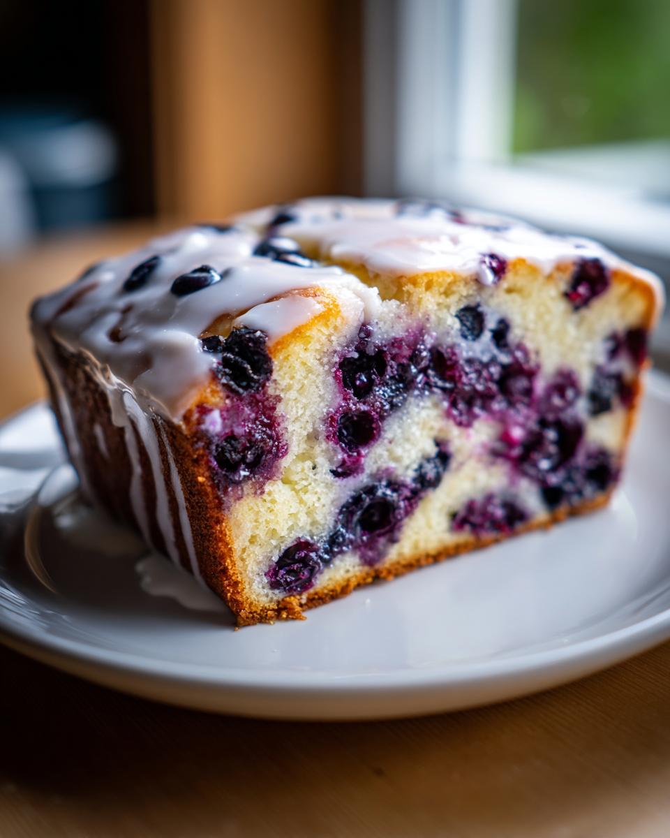 Close-up of a moist slice of blueberry bread, packed with fruit and topped with white glaze.