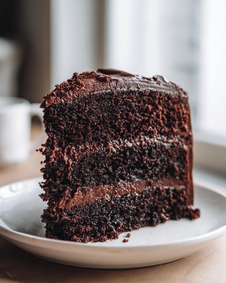Close-up of a tall, rich slice of chocolate cake recipe with thick layers of dark chocolate frosting.