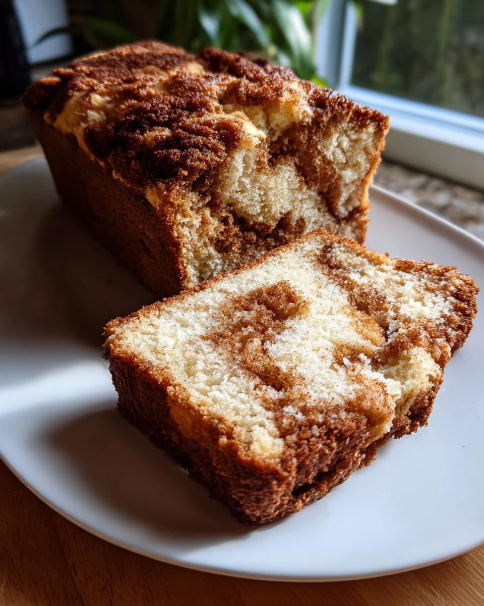 A loaf of homemade cinnamon bread, partially sliced, showing rich cinnamon swirls inside.