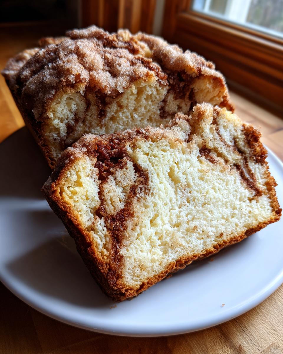 A close-up of a freshly baked cinnamon bread loaf, sliced to show the moist interior and thick cinnamon swirl.