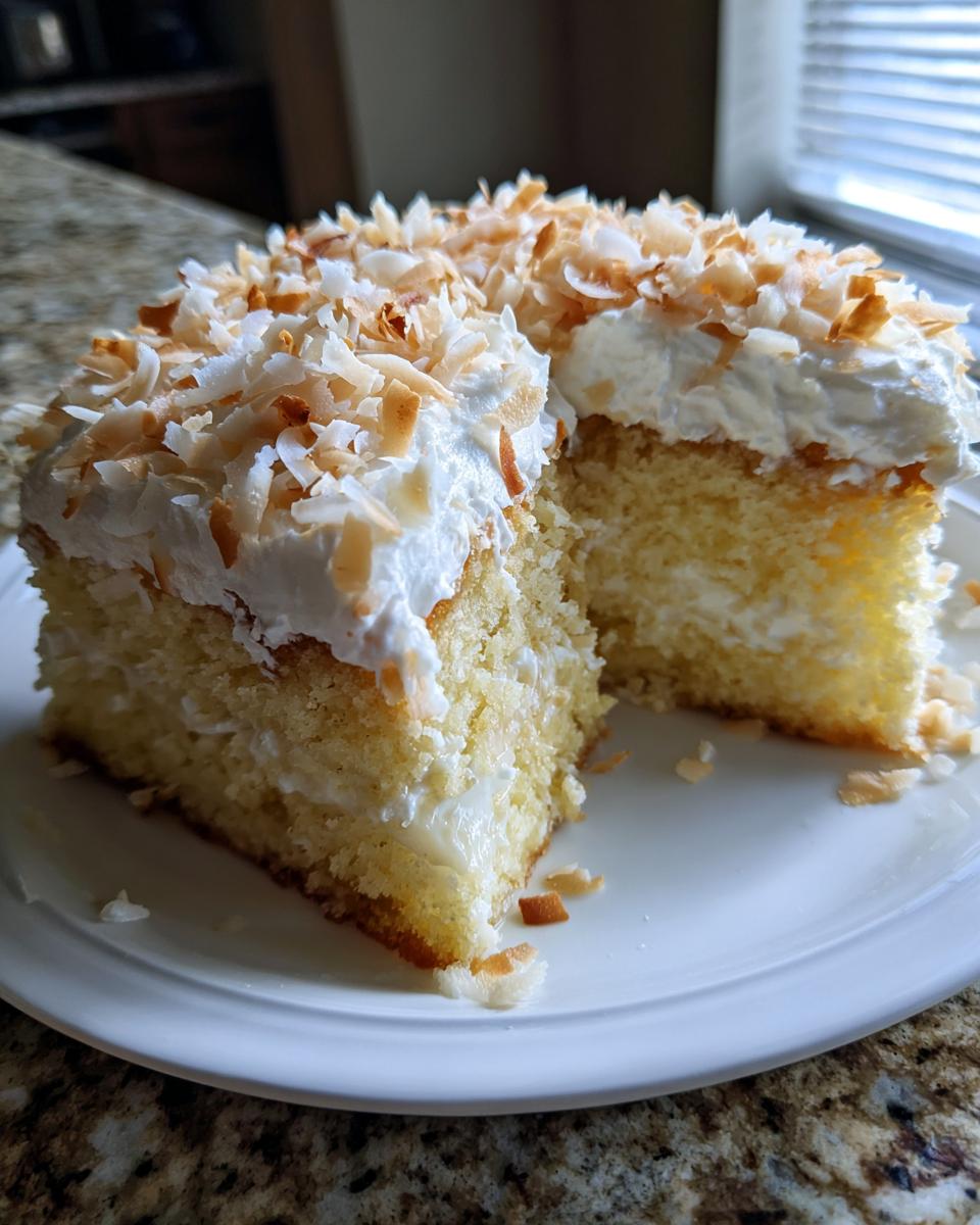 A slice of moist coconut poke cake topped with whipped cream and toasted coconut flakes.