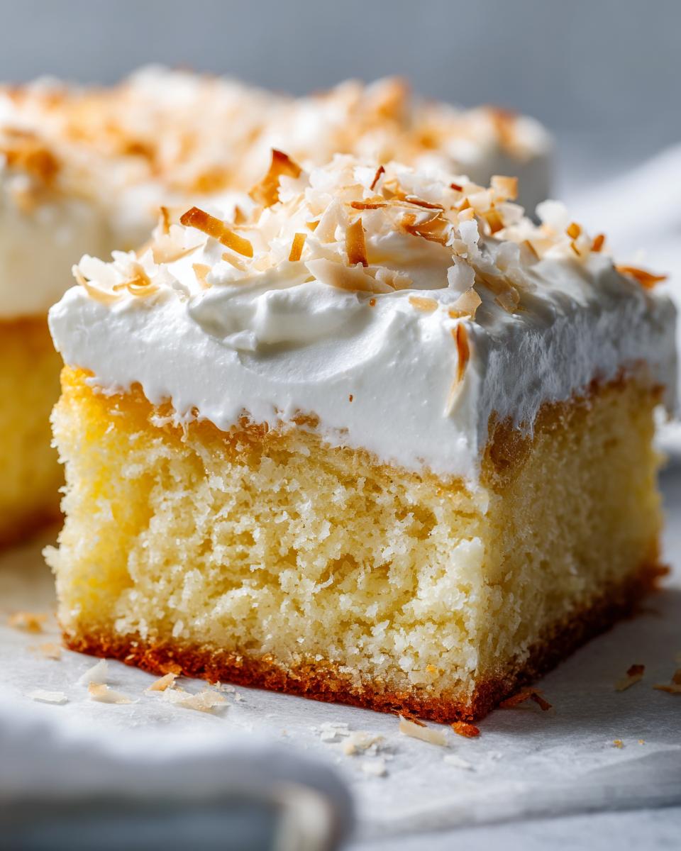 Close-up of a moist slice of coconut poke cake topped with whipped cream and toasted coconut flakes.