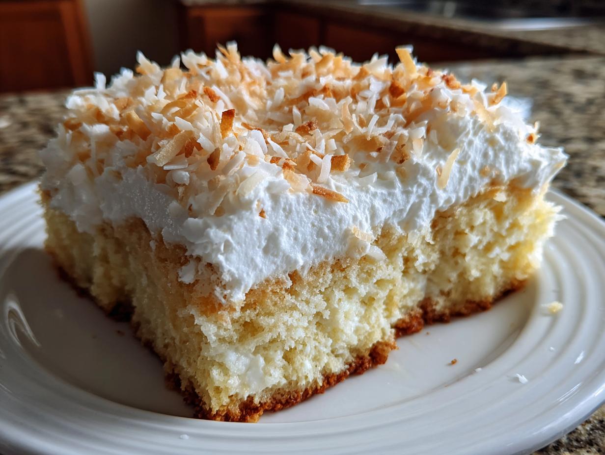 A close-up slice of moist coconut poke cake topped with whipped cream and toasted coconut flakes.