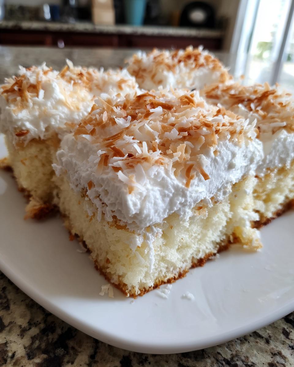 Close-up of several moist coconut poke cake squares topped with whipped cream and toasted coconut flakes.