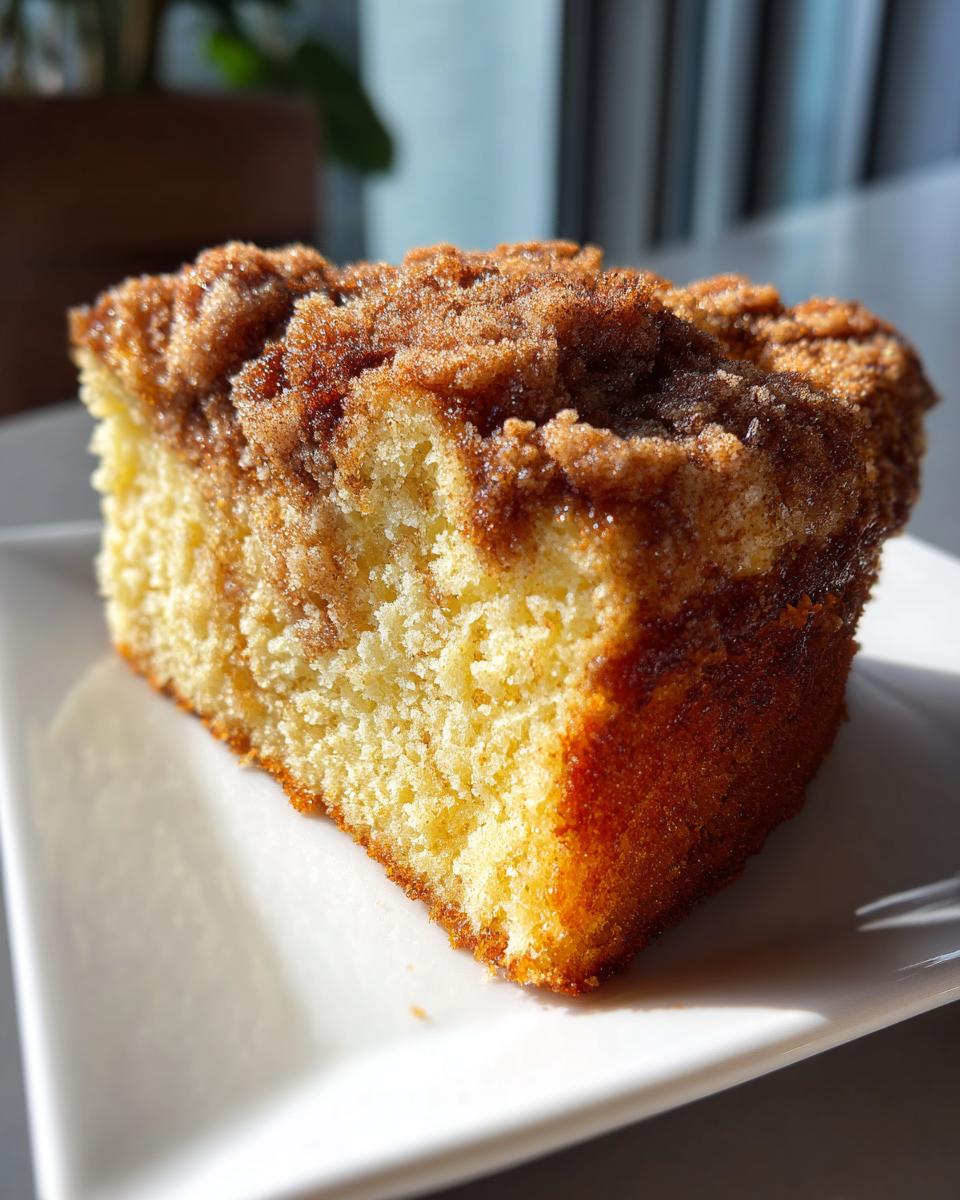 Close-up of a moist slice of coffee cake featuring a thick, sugary cinnamon crumb topping.