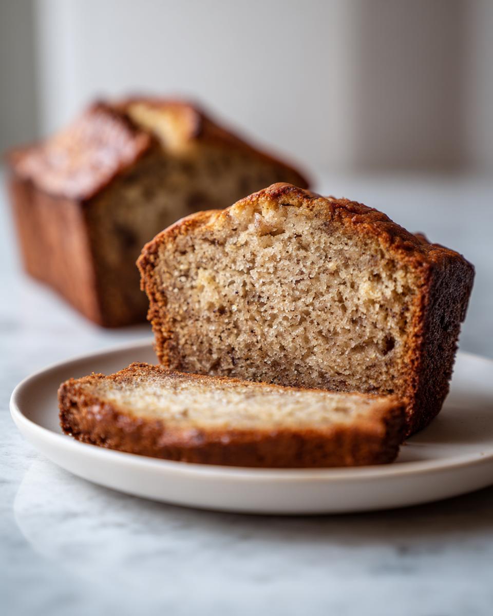 Close-up of a moist slice of greek yogurt banana bread cut from a loaf, displayed on a small white plate.