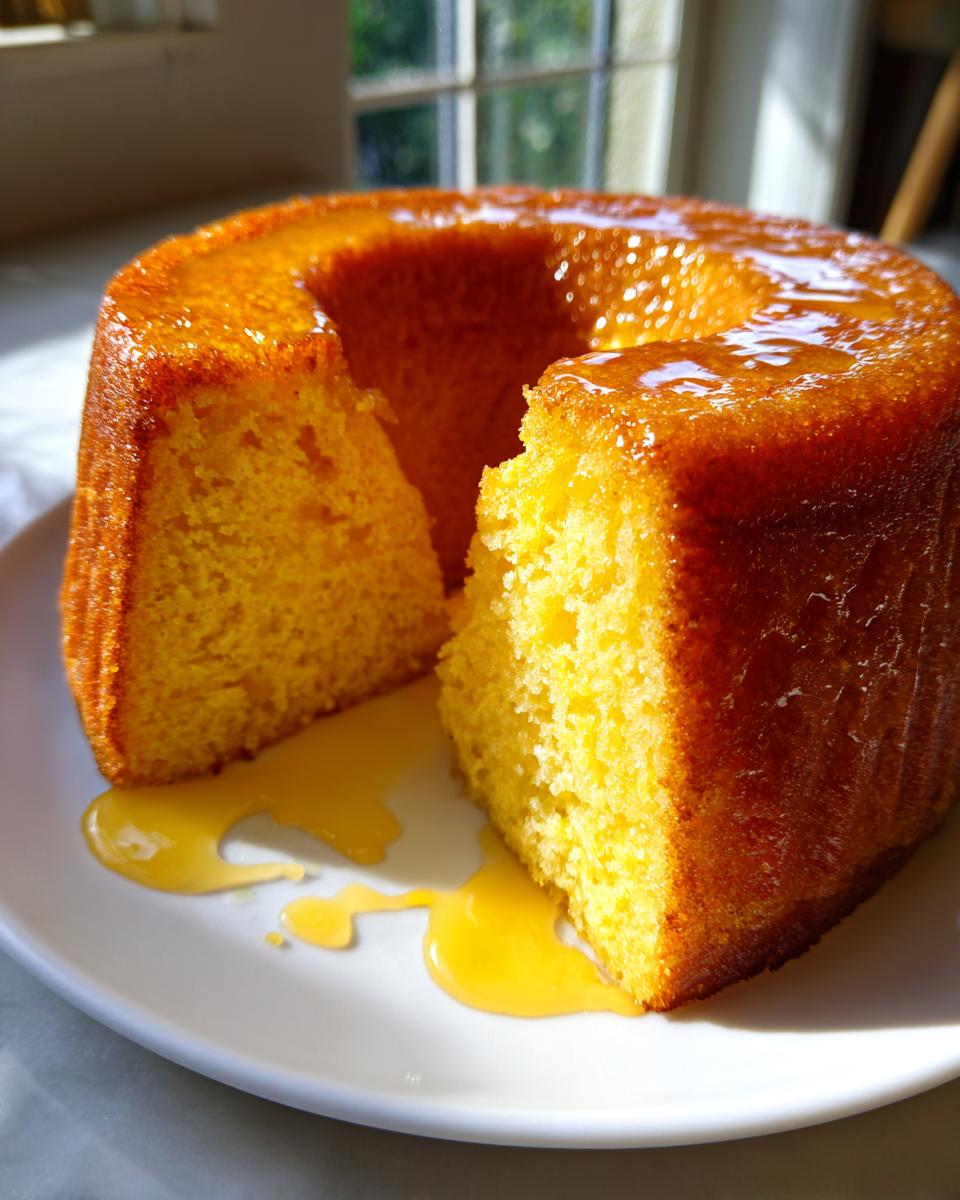 A bright yellow, moist olive oil cake with a slice removed, sitting on a white plate with excess glaze pooling below.