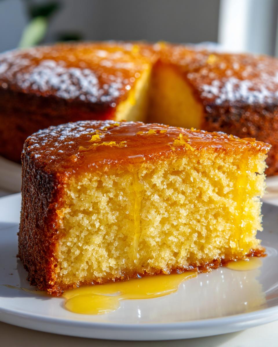 A close-up of a moist slice of olive oil cake topped with a shiny glaze and orange zest, with the rest of the cake blurred in the background.