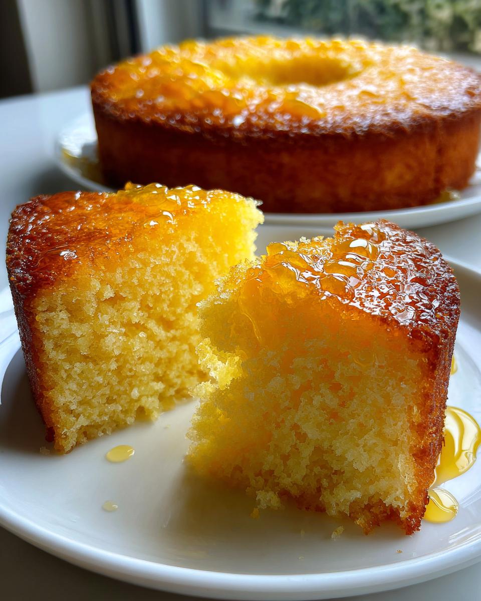 Close-up of a moist, yellow slice of olive oil cake broken open, drizzled with a shiny glaze.